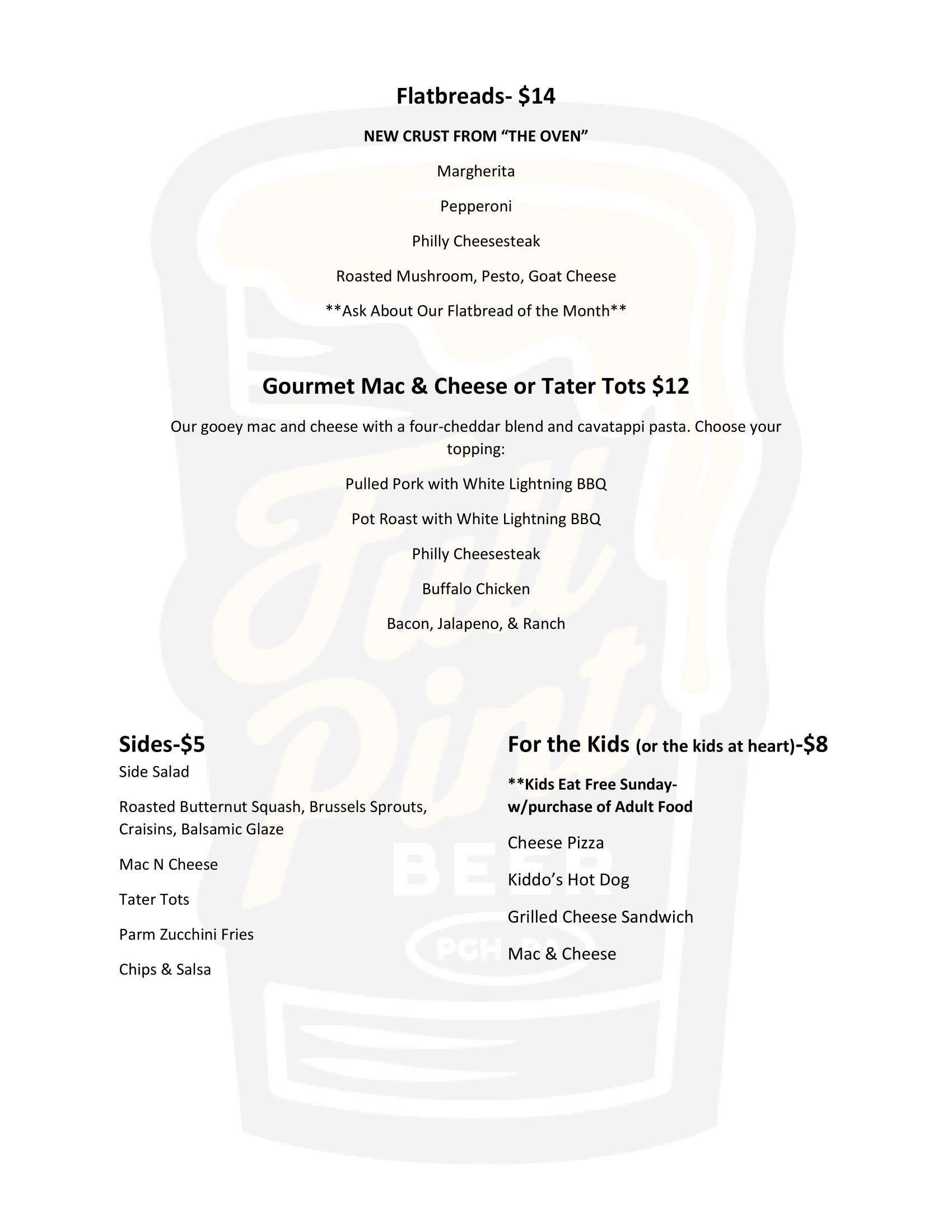 Full Pint Outpost Menu